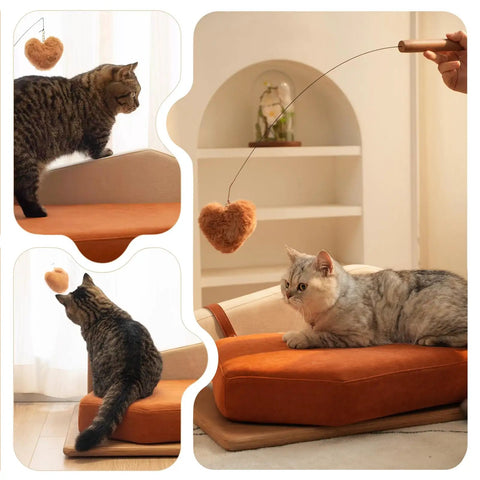 Modern Wooden Pet Hangout Haven With Swinging Toy, Built Like A Tank Oak Veneer Sofa Bed, Ultra Comfy High Resilience Foam Cushion, Scratch Proof Elevated Pad For Big Cats And Dogs with cat playing with a hanging heart toy.