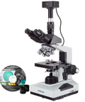 Rock Solid Pro Grade Digital Compound Microscope With 5MP USB Camera And 40X To 2000X Magnification featuring eyepieces and disc.