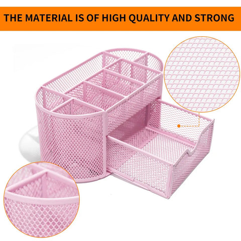 Desk Organizer With Pencil Holder And Drawer, 8 Compartments For Home Office And School, Cherry Blossom Pink, mesh detail