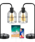 Industrial Bedside Lamp Set Of 2 With USB Ports And Built In Outlet Boho Cage Shade Desk Lamp For Bedroom Or Living Room
