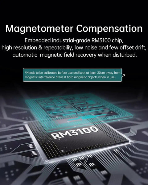 Beefy Nine-Axis Industrial Grade Accelerometer Inclinometer With MPU9250 Gyroscope Magnetometer And Digital Compass Altitude, IP67 Rugged Housing, Kalman Filtering, RM3100 Magnetometer Compensation, 0.2-200Hz Output Rate, 0.05 Degree XY Accuracy. RM3100 chip close-up