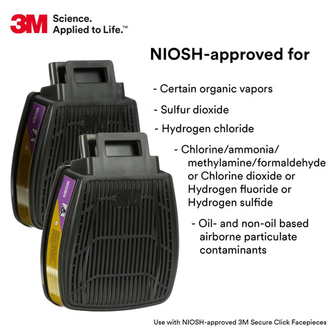 P100 Respirator Cartridge Filter For Secure Click D80926 MultiGas Vapor Cartridge NIOSH Approved Dual Flow Design For Better Breathability And Comfort Works With HF 800 Series Half Facepiece 1 Pair displayed with product features
