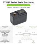 ST3215 serial bus servo with 30Kg torque, 360° magnetic encoder, two-way feedback, technical specifications sheet included.