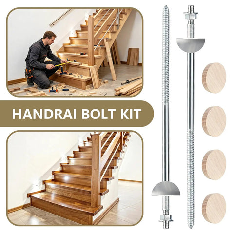 Heavy Duty Newel Post Mounting Kit With Concealed Stair Railing Fasteners Full Hardware Bundle Packs shown with oak inserts and bolts.
