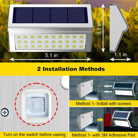 Solar Fence Lights 10 Pack With 30 Led Waterproof Stainless Steel Backyard Lamps for Deck, installation methods shown.