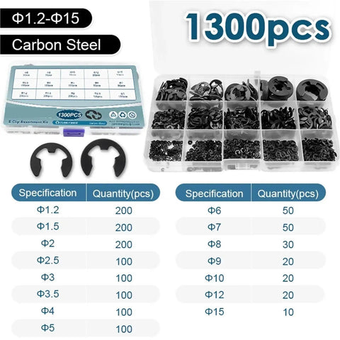 Workhorse All In One Heavy Duty Retaining Ring Kit 1300 Pcs Carbon Steel External Snap Rings For Shafts 1.2 To 15 Mm Open Box View