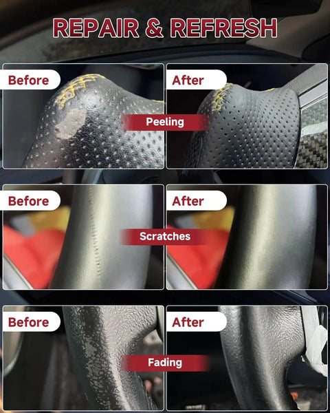 Tesla Steering Wheel Repair Kit Eight Piece Leather Scratch And Color Restorer For Model Y 3 S X before and after repair results