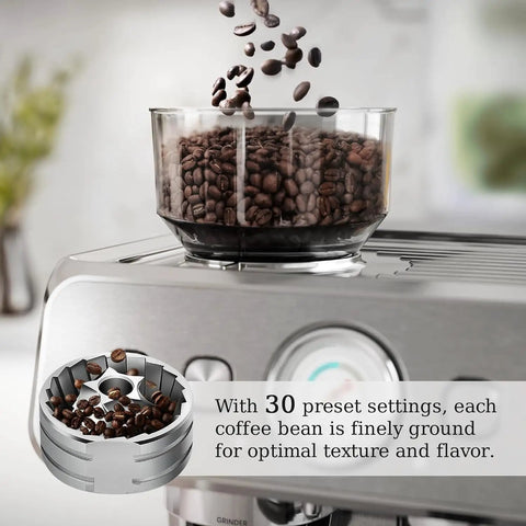Top Shelf Espresso Machine With Built In Grinder And 20 Bar Pressure sleek glass bowl with coffee beans on brushed silver finish.