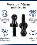 Four Pack 10mm Ball Studs With M8 Screws And Half Inch Long Shanks For Gas Struts Lift Supports Beefy Heavy Duty Mounting Kit In Black Zinc Alloy Universal Fit For Tight Spaces And Various Mounting Surfaces With Corrosion Resistant Finish. black 10mm ball studs with M8 screw, set of 5
