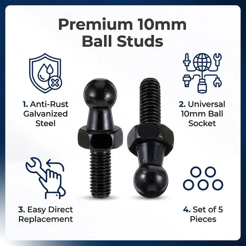 Four Pack 10mm Ball Studs With M8 Screws And Half Inch Long Shanks For Gas Struts Lift Supports Beefy Heavy Duty Mounting Kit In Black Zinc Alloy Universal Fit For Tight Spaces And Various Mounting Surfaces With Corrosion Resistant Finish. black 10mm ball studs with M8 screw, set of 5