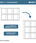 Diagram of 6 Cube Storage Organizer with Vertical or Horizontal Setup Easy Assembly Modular Cube Shelves, natural gray finish.