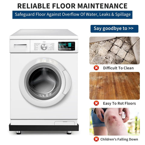 Heavy Duty Carbon Steel Washing Machine Drip Tray With Four Anti Vibration Feet 24 By 24 Inch No Hole Floor Protector For Front Load Washers And Spin Dryers Keeps Floors Safe And Mess Free shown under a washing machine.