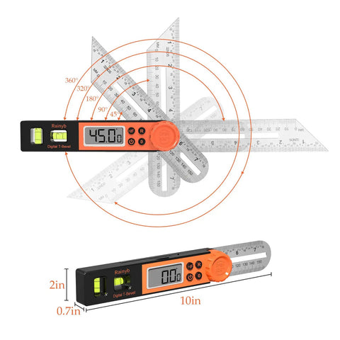 Digital Angle Finder Protractor 0-360 Degrees With T Bevel Gauge and LCD display, measuring angles, dimensions shown