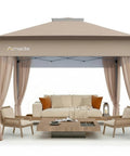 13x13 Pop Up Gazebo Canopy with Wheeled STO-N-Go Cover Bag for Patio Lawn Garden, shown with seating area and khaki curtains.