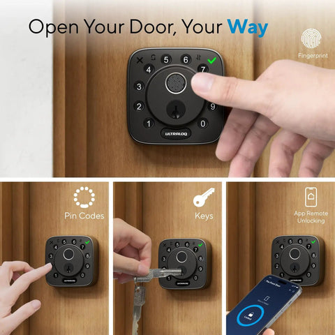 Rock Solid Fingerprint Wifi Smart Lock With Apple Home Integration showing key and pin code entry options for keyless access.