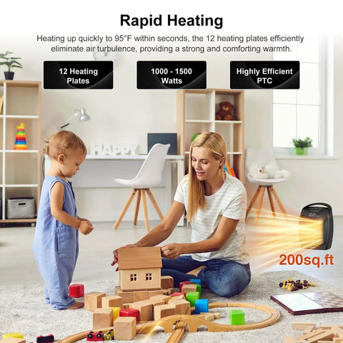Woman and child playing in room with Portable Ceramic Space Heater With Digital Display And Touch Controls, 1500W.