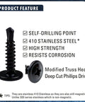 Self Drilling TEK Screws Set For Sheet Metal Number Eight 410 Stainless Steel With Black Dacromet Coating, Phillips Drive
