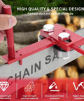Heavy Duty Chainsaw Bar Rail Closer Tool for Precise Rail Alignment and Chain Grinding, red cast iron with dual bearing rollers.