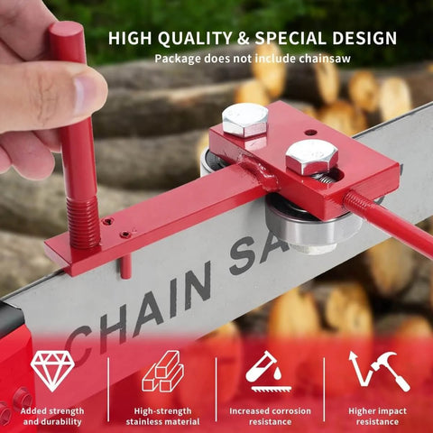 Heavy Duty Chainsaw Bar Rail Closer Tool for Precise Rail Alignment and Chain Grinding, red cast iron with dual bearing rollers.
