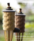 Close-up of Faux Bamboo Outdoor Torches 4 Pack Sundried Color 60 Inch Tall Island Citronella Torches showing rust-proof canister