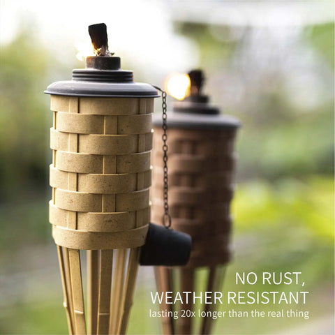 Close-up of Faux Bamboo Outdoor Torches 4 Pack Sundried Color 60 Inch Tall Island Citronella Torches showing rust-proof canister