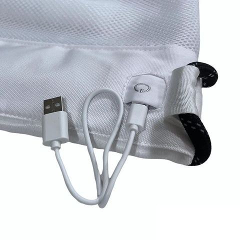 Close-up of LED Fiber Optic Drawstring Backpack With 11 Lighting Modes Including 7 Colors And 4 Flash Patterns Lit Party Ready Glow For Festivals Raves And EDM Shows Plus Anti Theft Pocket And 40 By 34 Cm showcasing USB cable connection.