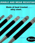Set Of Five Round Head Center Punches For Metal And Woodworking Top Shelf Hand Tools Dead On Precise Marking Built Tough Hardened Steel Layout Gear For Serious Shop Jobs, heat-treated alloy steel punches with knurled grips.