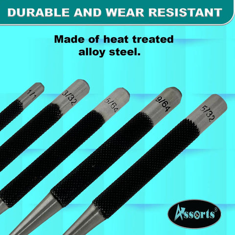 Set Of Five Round Head Center Punches For Metal And Woodworking Top Shelf Hand Tools Dead On Precise Marking Built Tough Hardened Steel Layout Gear For Serious Shop Jobs, heat-treated alloy steel punches with knurled grips.