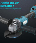 Close-up of Top Shelf Brushless Cordless Angle Grinder featuring a non-slip handle for left and right-handed use.