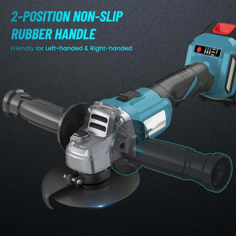 Close-up of Top Shelf Brushless Cordless Angle Grinder featuring a non-slip handle for left and right-handed use.