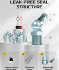 Close-up view of grease fittings from the Grease Fittings Assortment Kit With 240 Pieces Zerk Nipples SAE And Metric NPT One Quarter Inch And One Eighth Inch M6 M10 Straight 45 Degree And 90 Degree Fittings With Caps For Grease Gun, showing leak-free seal structure with stainless steel check valve, reinforced spring, and national pipe tapered design.