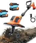 Cordless Garden Tiller Cultivator With 21V Battery Lightweight Rototiller, tilling soil, 9.5-inch width, accessories visible