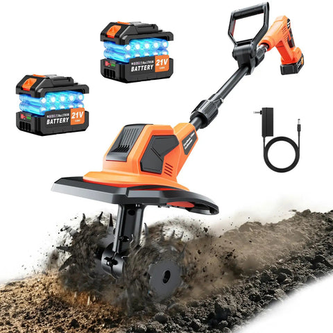 Cordless Garden Tiller Cultivator With 21V Battery Lightweight Rototiller, tilling soil, 9.5-inch width, accessories visible