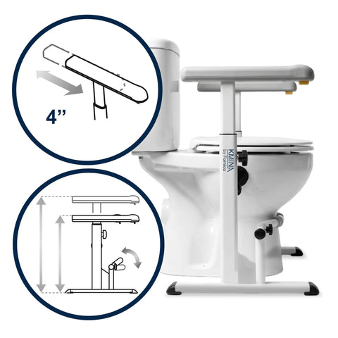 Built Tough Heavy Duty Toilet Safety Rails With Stable Stainless Steel Frame Grab Bar Handles Adjustable Height And Width No Slip Easy Install For Seniors Handicap Bathroom Support shown with toilet and adjustment diagram.