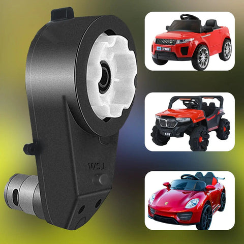 Two Pack 24V Electric Motor Gearbox For Kids Ride On Toys Car RS555 40000RPM shown beside ride-on cars