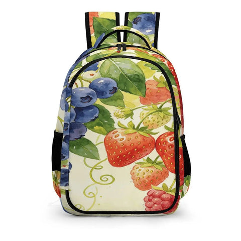 Mixed Berry Vine Watercolor Printed Unisex Backpack Large Capacity Durable Polyester Breathable Design With Sturdy Zipper Ideal For School Work Travel And Everyday Carry showing vibrant fruit pattern.
