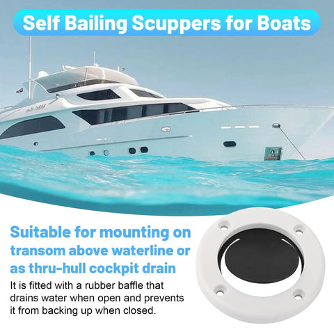 Boat Self Bailing Cockpit Mounted Scupper Valve Kit With Two Seven Eighths Inch Rubber Flapper Valve And Gasket Includes Repair Retainer Ring And Screws For Easy Drainage Of Self Bailing Cockpits with yacht in background.