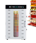 Professional Electric Food Dryer With 20 Tray Capacity And Precision 24 Hour Timer showing stainless steel body and dehydrated fruits.