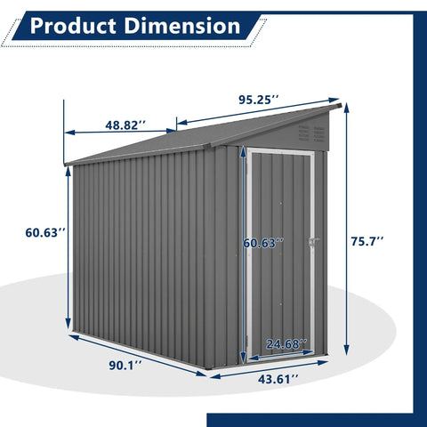 Lean To Metal Shed 4x8 Outdoor Storage Unit For Backyard Garden Patio, Weatherproof Galvanized Steel Walls, dimensions shown