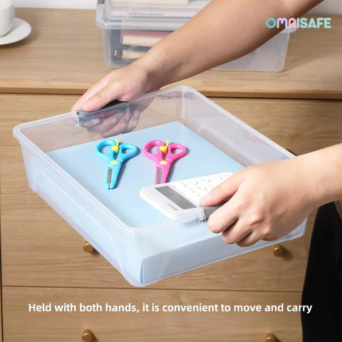Person holding a Stackable Plastic Storage Bins With Lids Four Pack 10 Quart Clip Boxes for Crafts School Projects Office Supplies