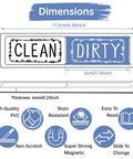 Diagram of Dishwasher Clean Dirty Magnet Sign With Slide Tab, size 6.9 x 2 in, showing dimensions and features such as stain resistance.