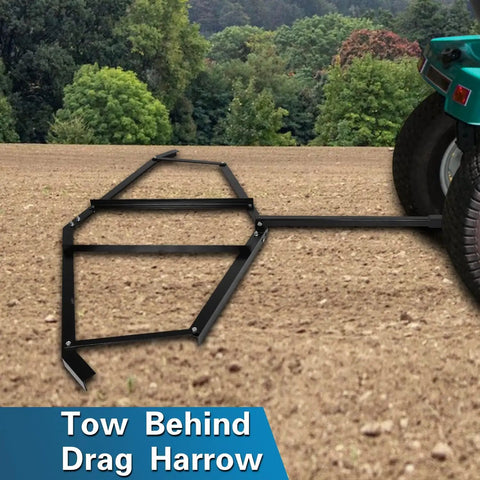 Tow Behind Drag Harrow With Pin Style Hitch 72 Inch Width Driveway Grader attached to vehicle on dirt terrain