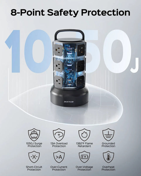 10ft Power Strip Tower Surge Protector With 13A, 12 Outlets And 6 USB Ports, visible 8-point safety features