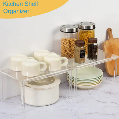 Clear Acrylic Cabinet Organizer And Kitchen Countertop Spice Rack Slick Multi Tier Shelf Riser with jars and dishes.