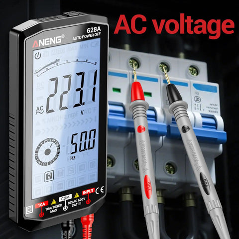 Rechargeable Digital Multimeter With Large Backlit Display And Auto Ranging showing AC voltage reading with probes attached