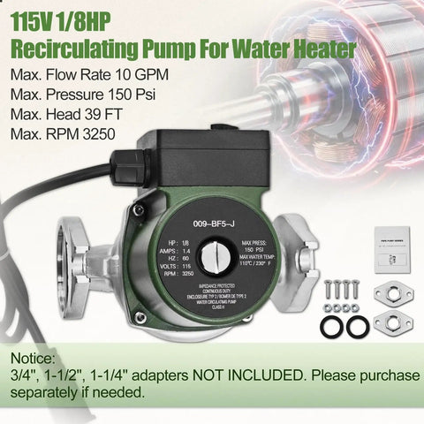 Top Shelf 1/8HP 115V Stainless Steel Cartridge Circulator Pump Replacement For 009BF5J Models showing specifications and components.