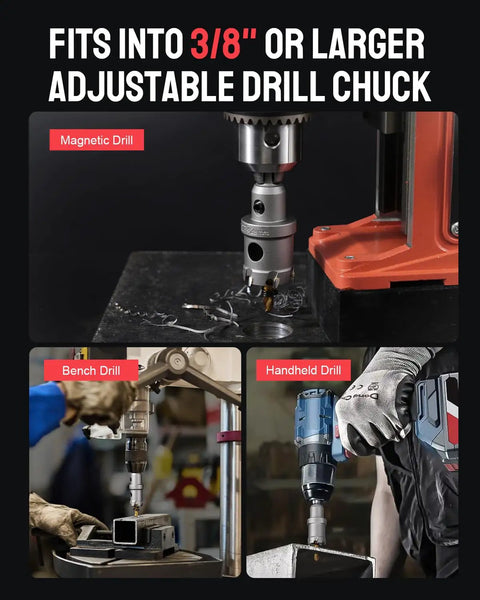 9 Piece Beefy Carbide Hole Saw Kit For Metal used in magnetic, bench, and handheld drills showing versatility on metal surfaces