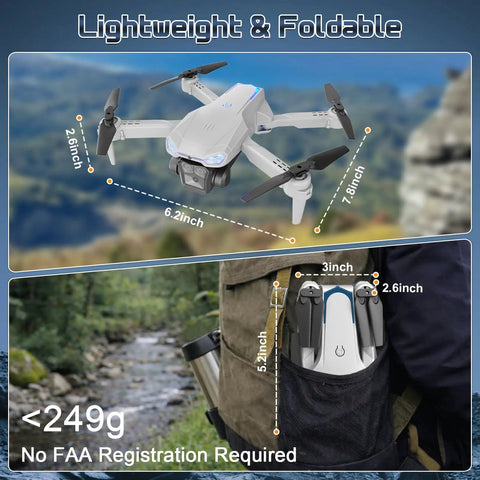 Foldable 1080P camera drone with one key start, gesture control, in a backpack, showing size for adults and beginners.