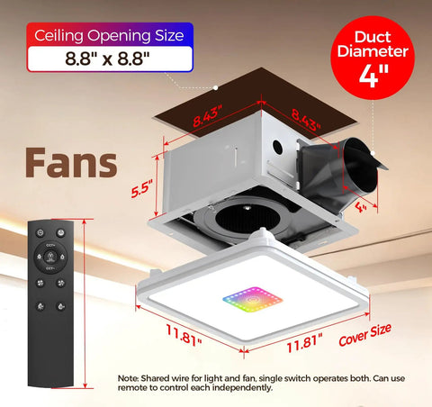 Exhaust Fan With Light And Remote, Ceiling Mounted Bathroom Vent Fan With Lit RGB Lights, 130 CFM, shown with dimensions and remote
