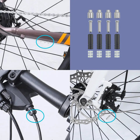 Derailleur Shift Cable Kit For Mountain And Road Bikes with cables, housing, ferrules, and caps shown on bike components.